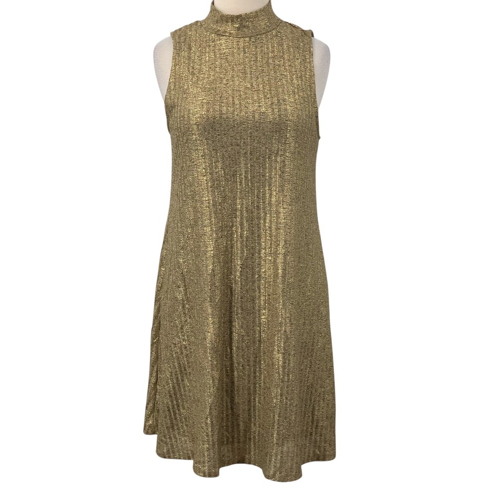 Kensie Women's Sleeveless A-Line Dress Mock Neck Gold Metallic/Black Slip Size M